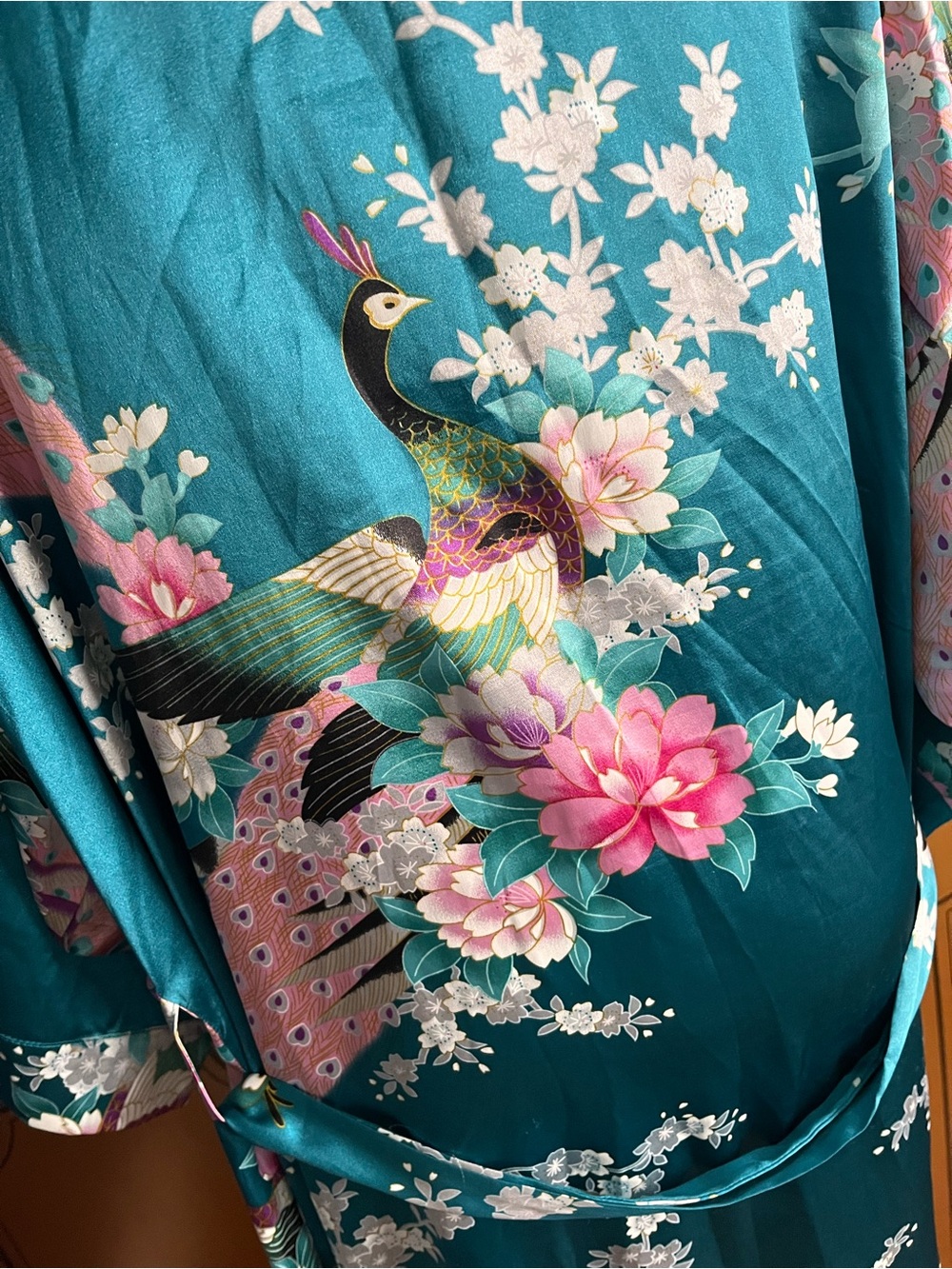 Vintage Teal Floral Satin Robe - Picture 6 of 6